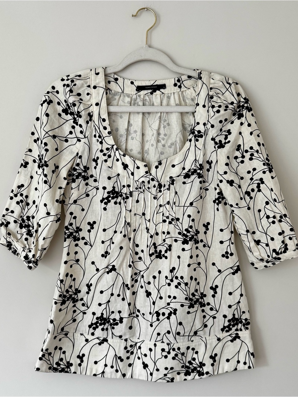 ASOS Vero Moda Linen Blend 3/4 Sleeve Floral Blouse, Cream & Black – Size XS / S